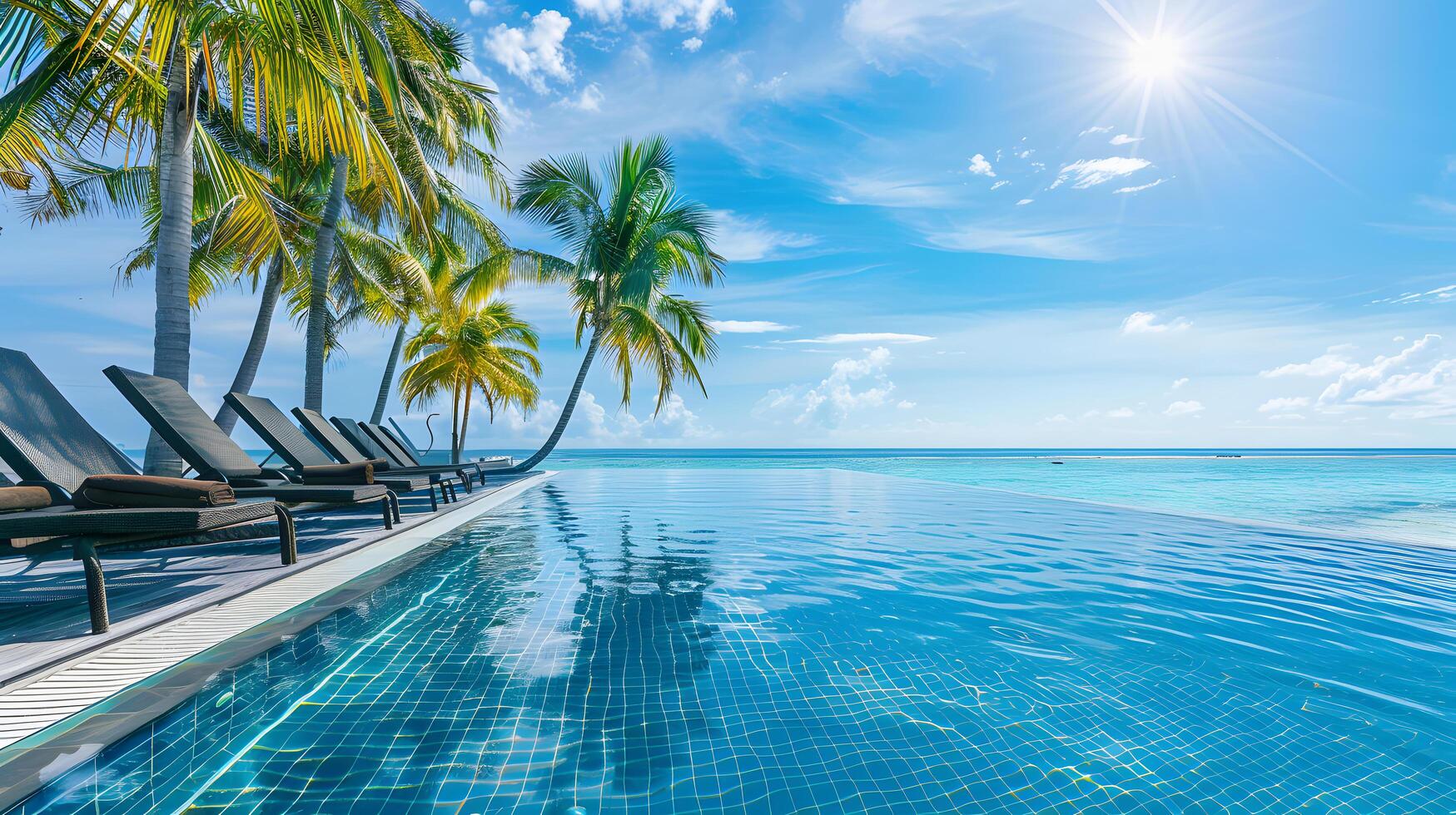 Beautiful view of an resort hotel outdoor swimming pool with beach view, summer concept photo