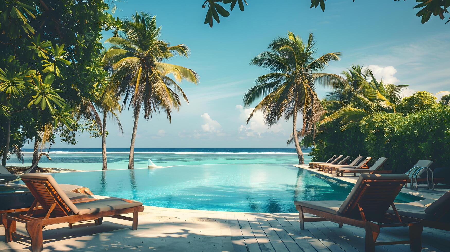 Beautiful view of an resort hotel outdoor swimming pool with beach view, summer concept photo