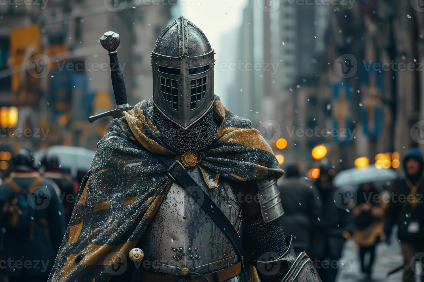 A man dressed as a knight in medieval armor is confidently walking down a busy urban street as people turn to look at him photo