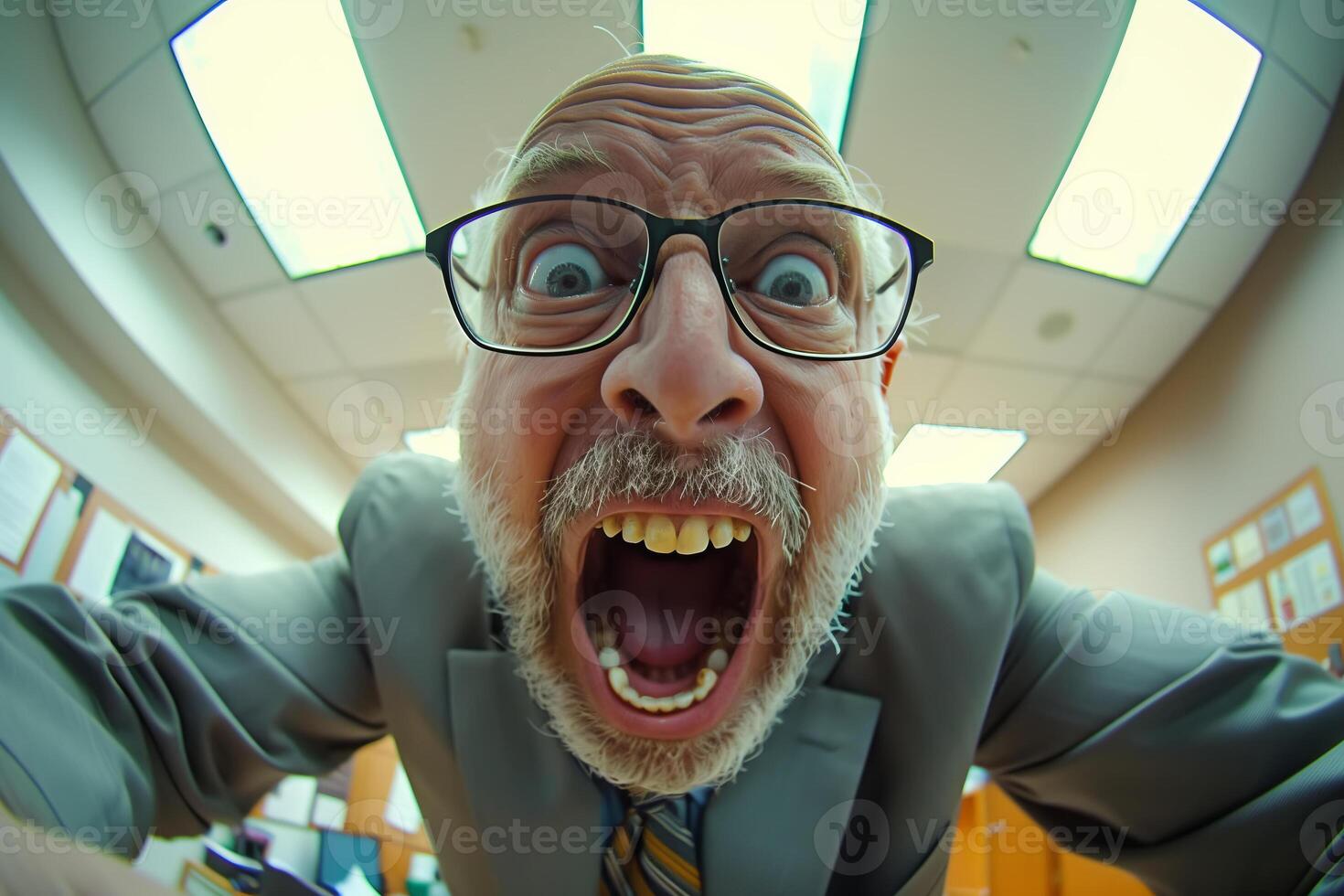 Angry business man in a suit and tie screaming, wide angle portrait photo