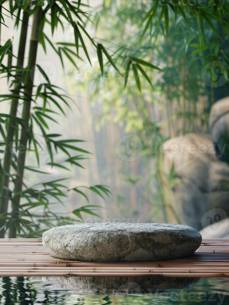 Round flat stone in water with a backdrop of a bamboo forest. Podium for product presentation in a store photo
