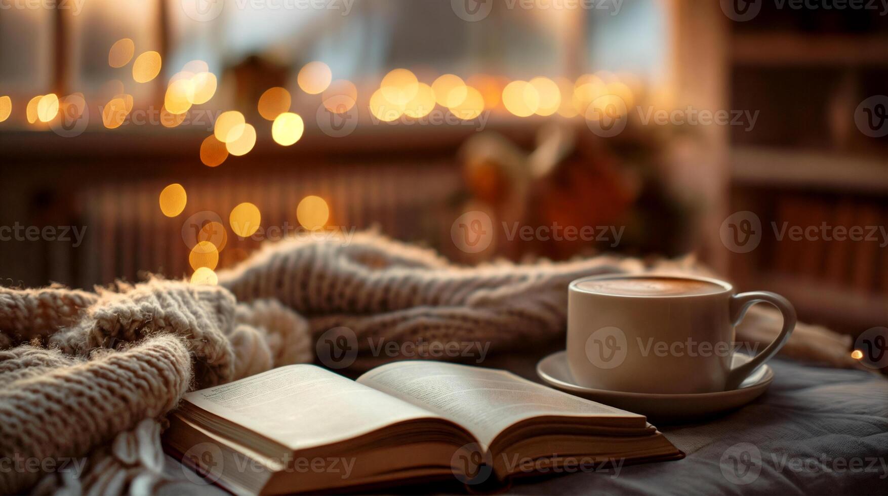 Cozy evening still life with a book and cocoa and lights in the background photo