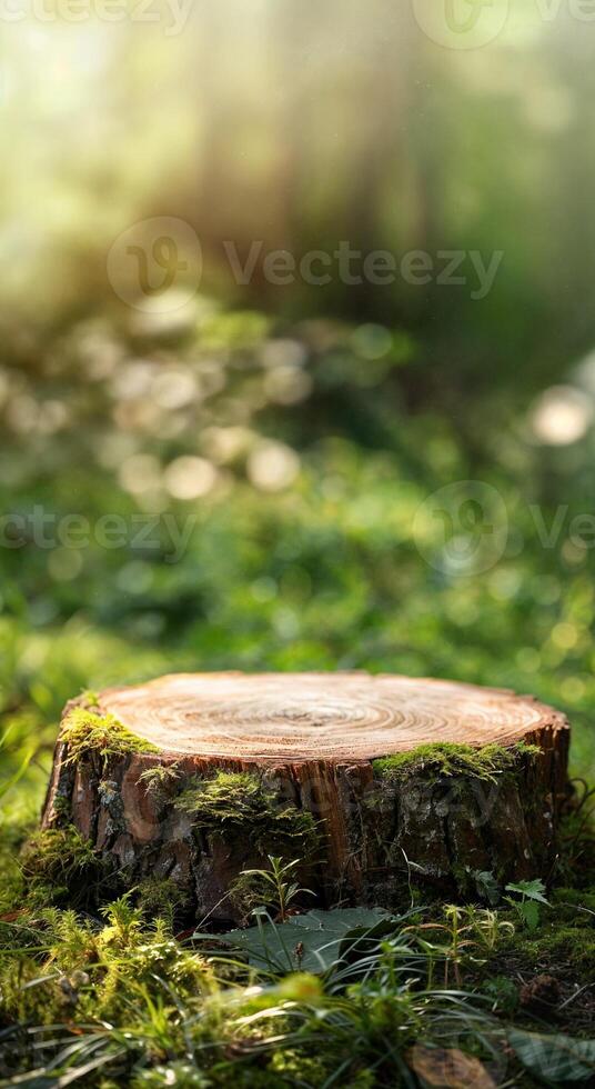 Moss-covered wooden stump podium in a forest clearing with green grass photo