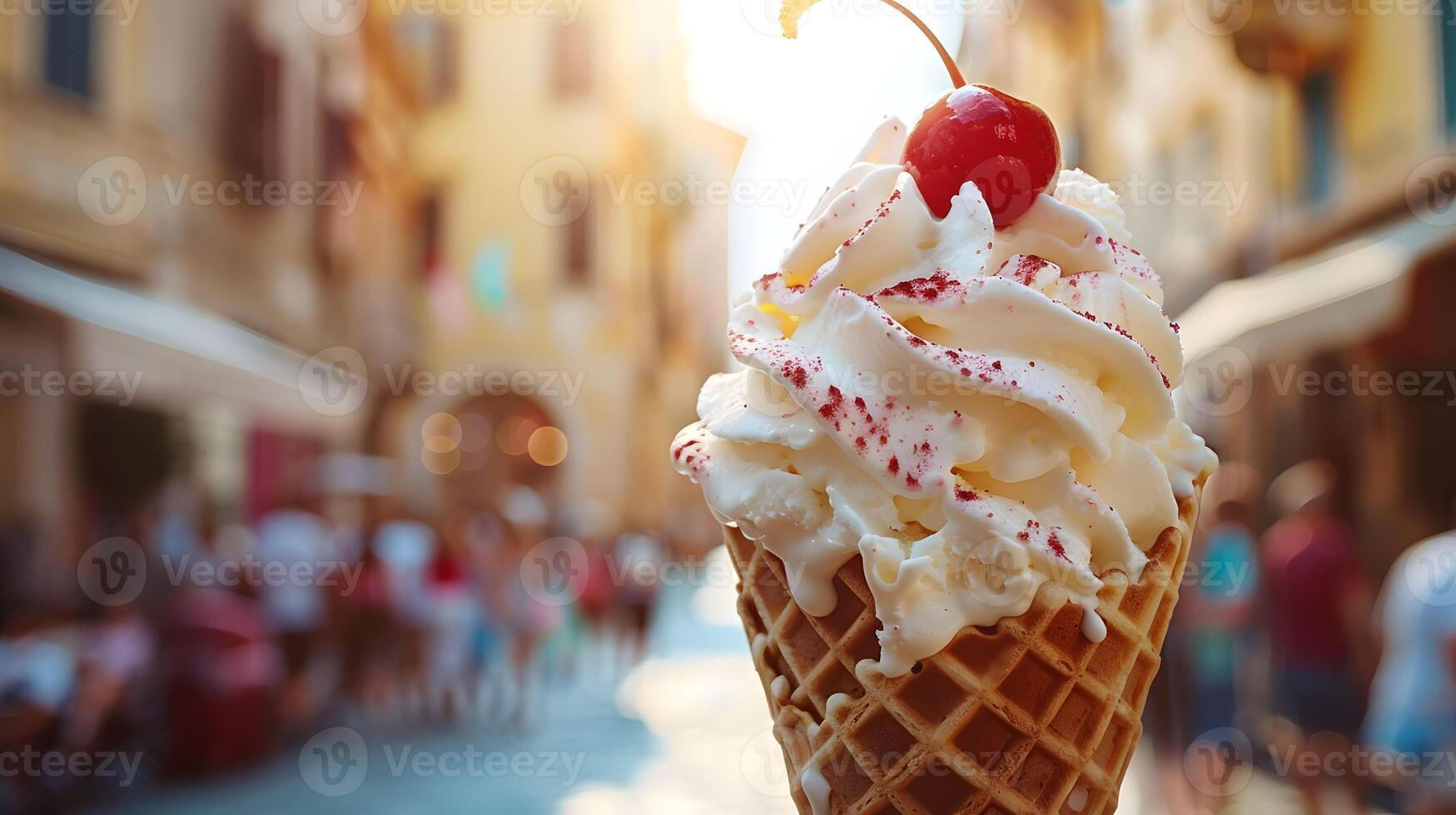 Creamy Ice Cream Cone with Cherry in a Sunny Italian Town photo