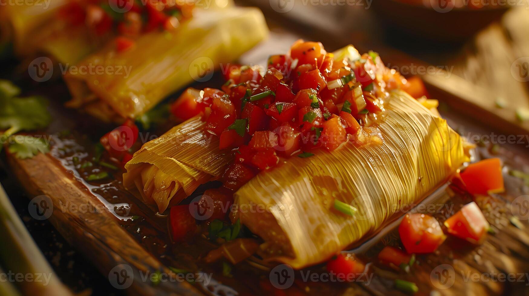 Corn Husk Tamales with Salsa Topping photo