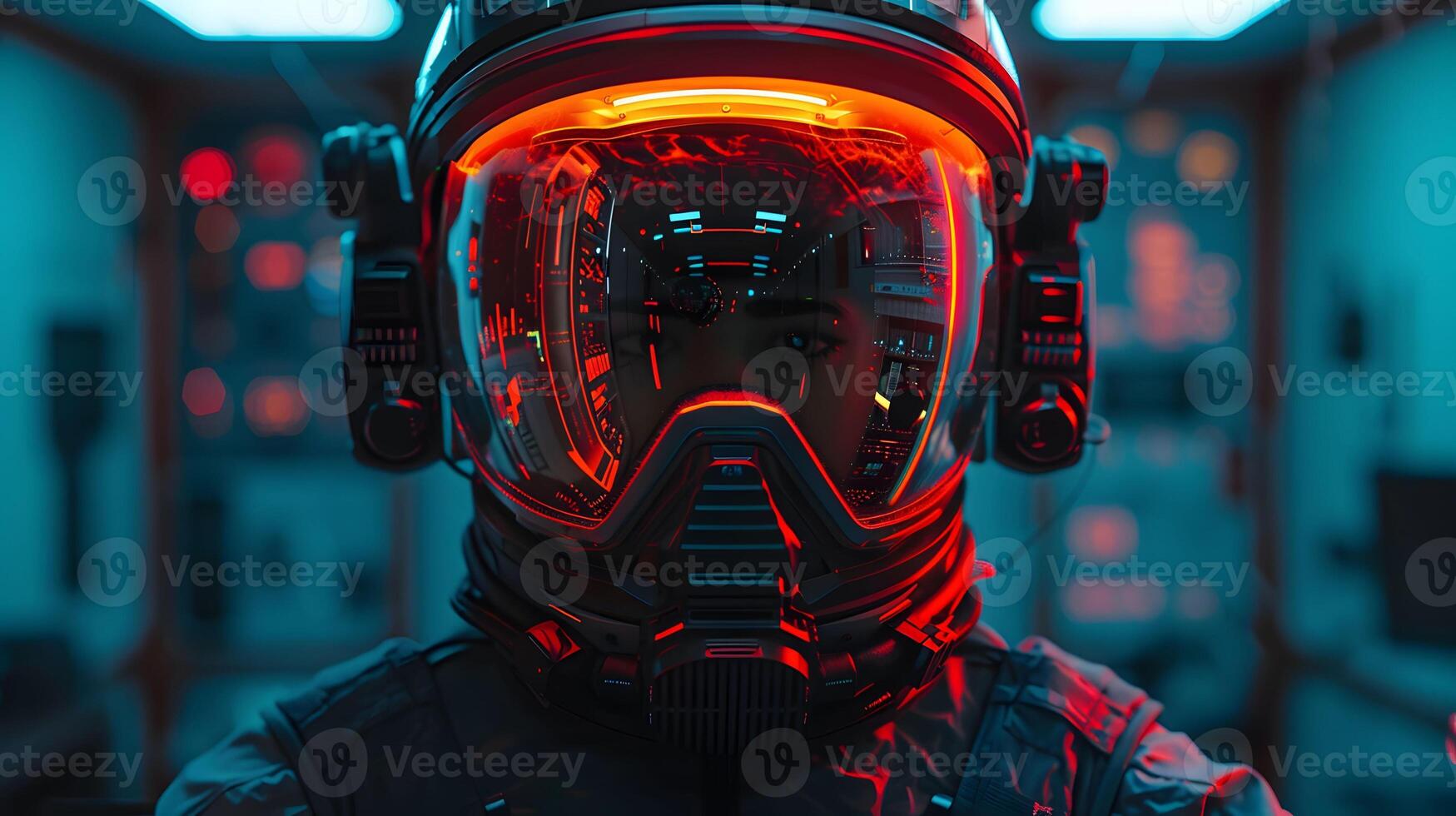 Cyberpunk Pilot with Red-Lit Helmet photo
