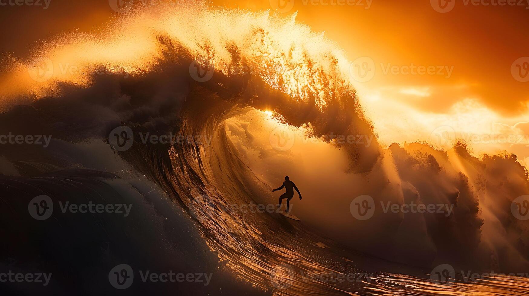 Surfing a Giant Wave at Sunset photo