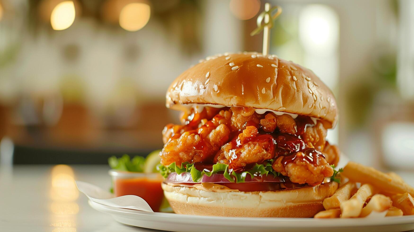 Crispy and Delicious Burger with Fries and Ketchup Served on a Restaurant Table photo
