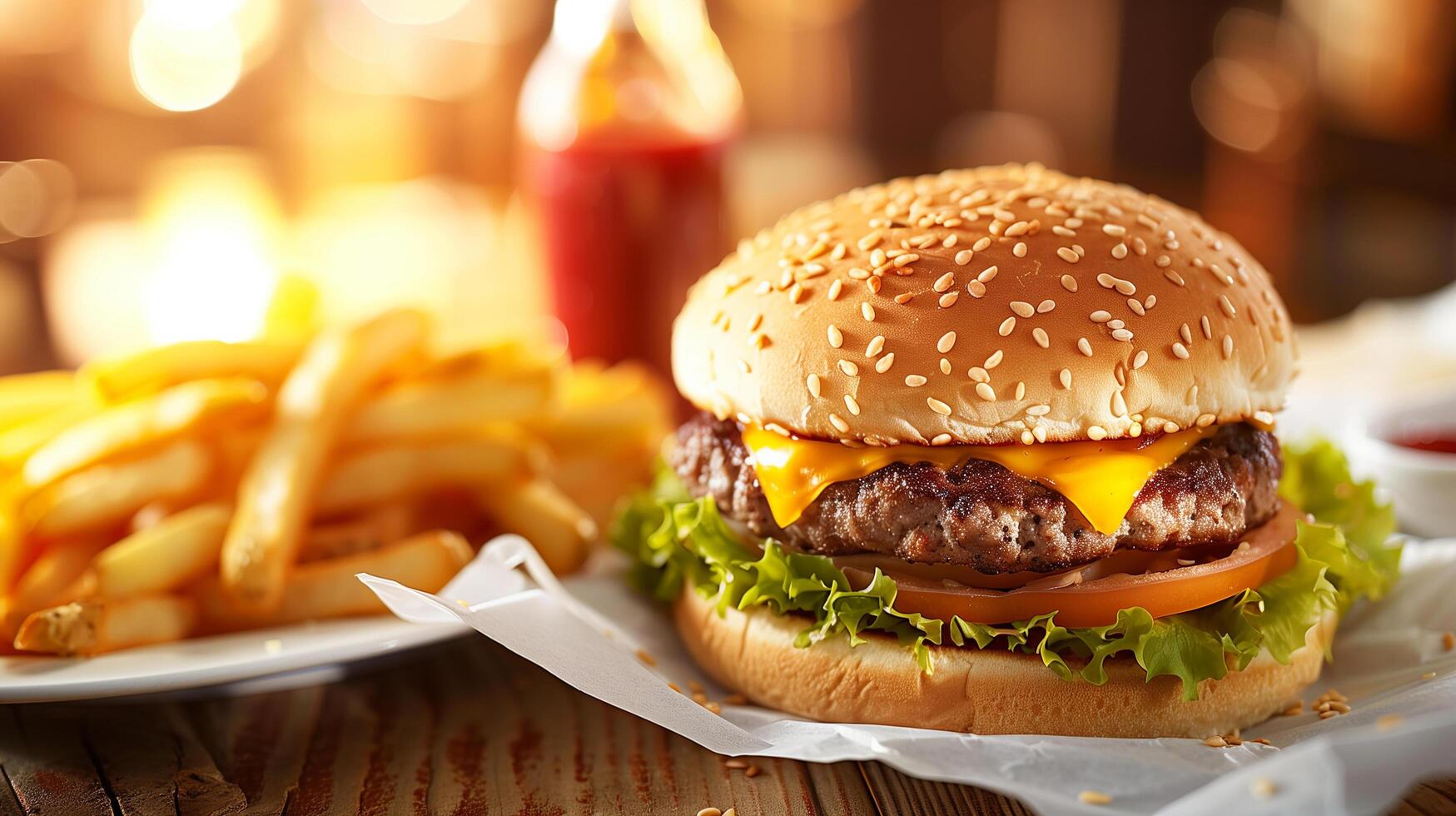 Crispy and Delicious Burger with Fries and Ketchup Served on a Restaurant Table photo