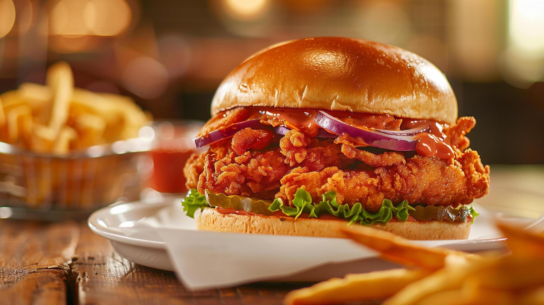 Crispy and Delicious Burger with Fries and Ketchup Served on a Restaurant Table photo