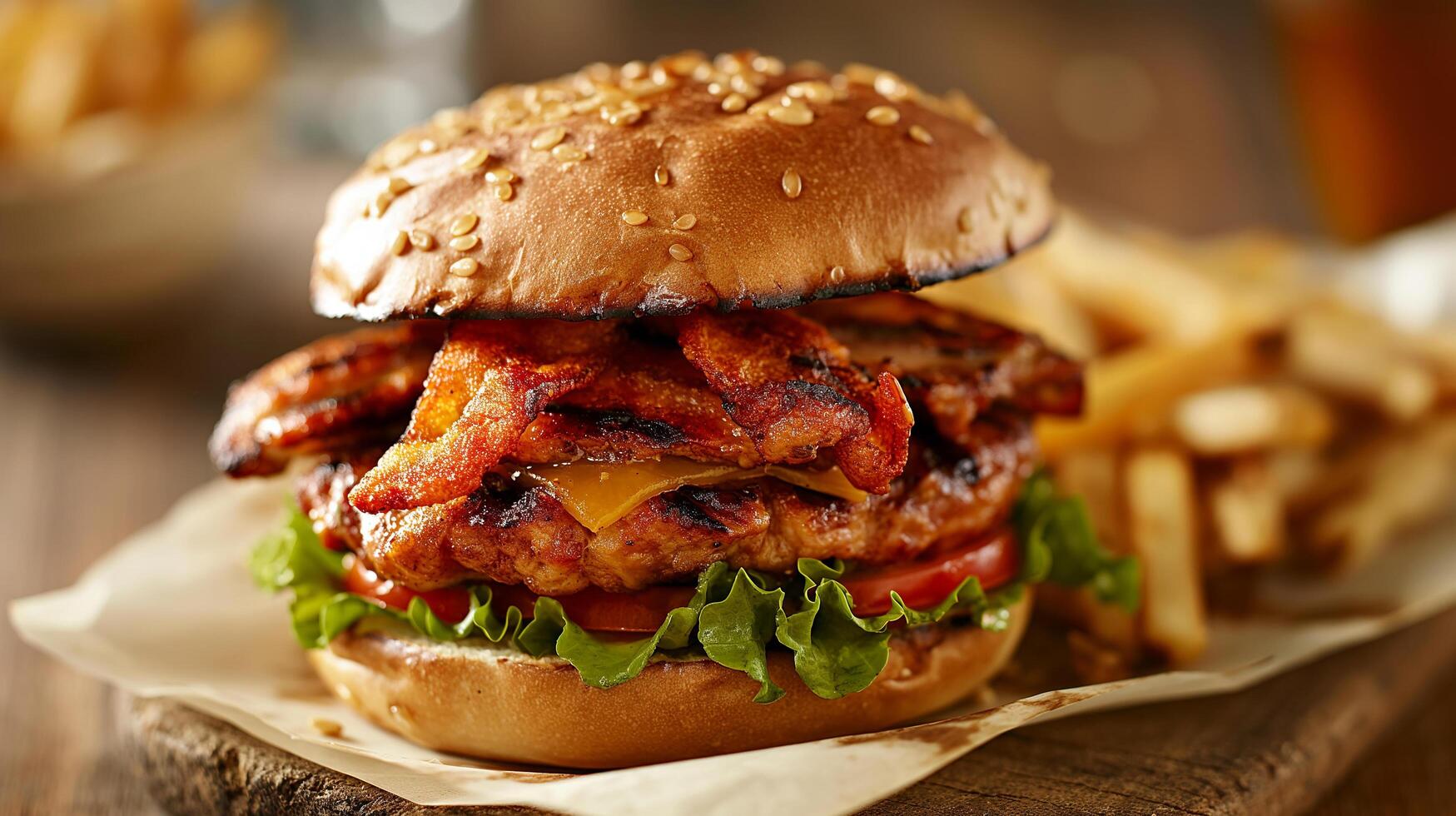 Crispy and Delicious Burger with Fries and Ketchup Served on a Restaurant Table photo