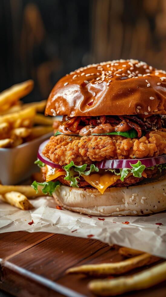Crispy and Delicious Burger with Fries and Ketchup Served on a Restaurant Table photo