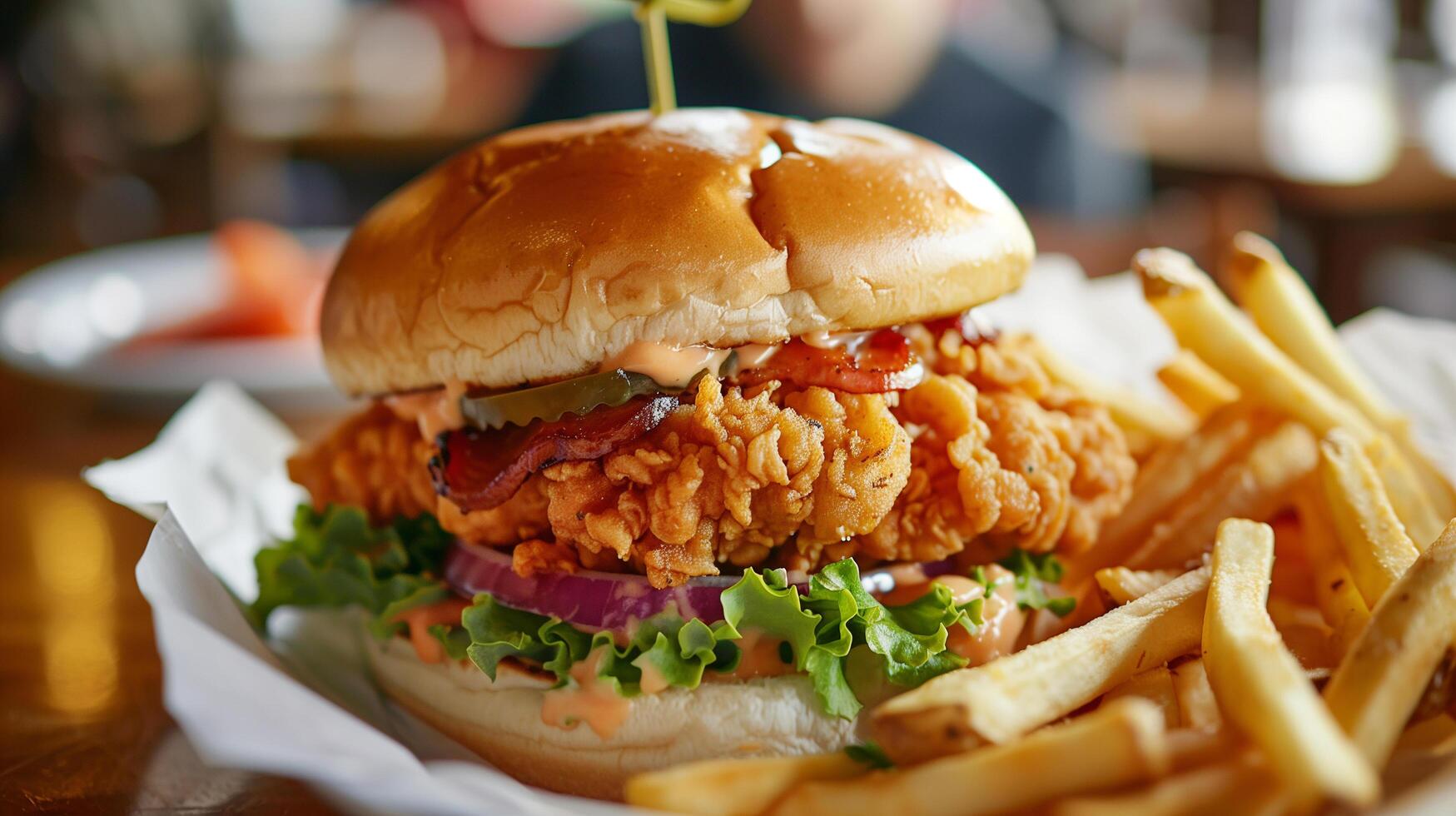 Crispy and Delicious Burger with Fries and Ketchup Served on a Restaurant Table photo