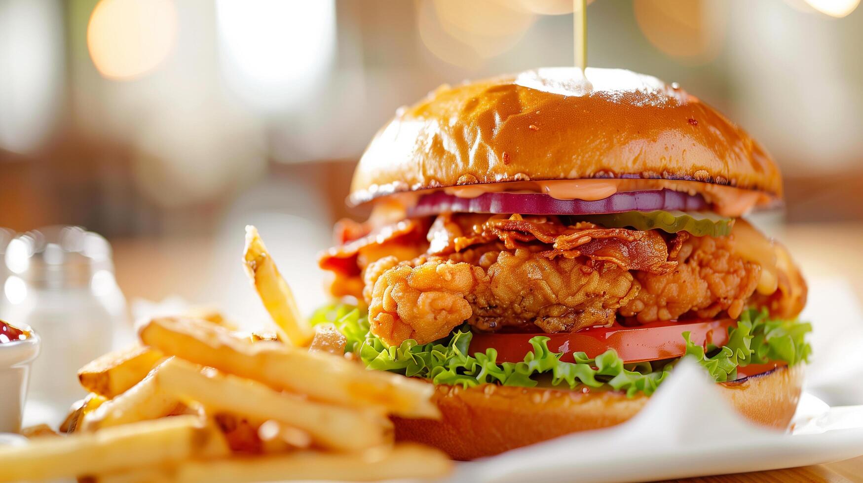 Crispy and Delicious Burger with Fries and Ketchup Served on a Restaurant Table photo