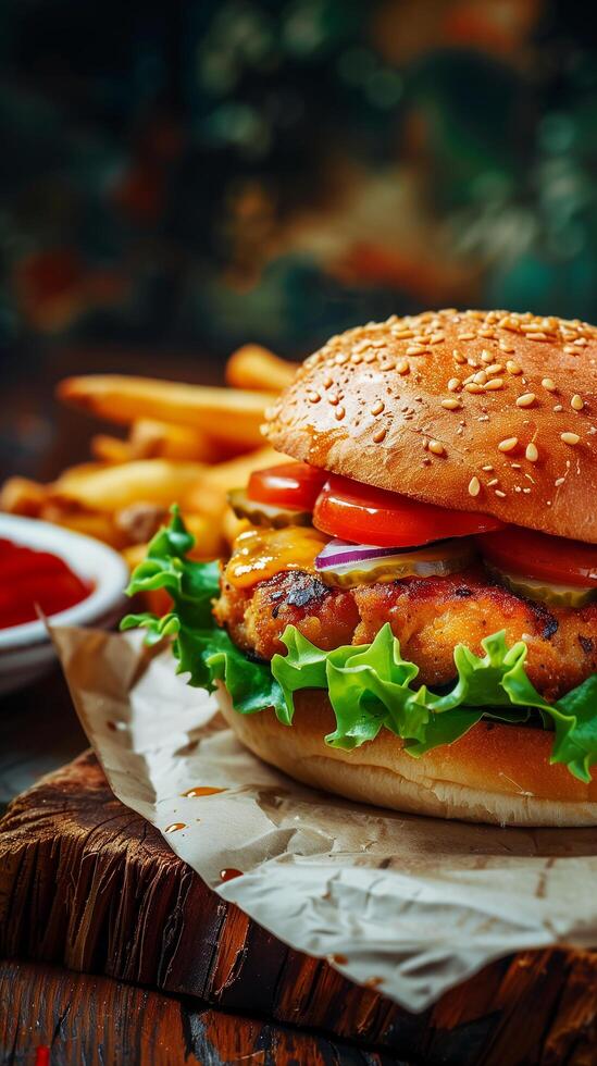 Crispy and Delicious Burger with Fries and Ketchup Served on a Restaurant Table photo