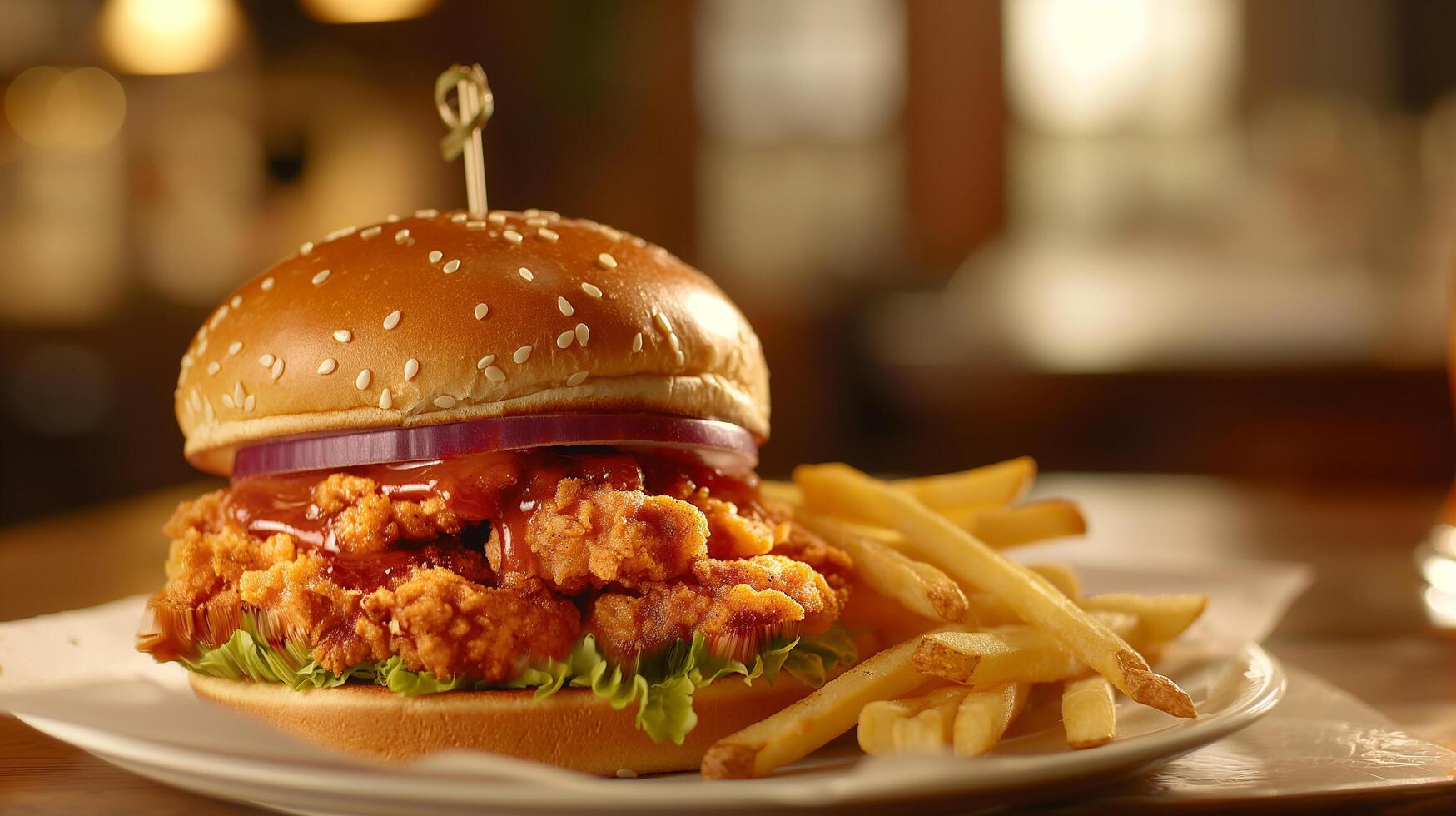 Crispy and Delicious Burger with Fries and Ketchup Served on a Restaurant Table photo