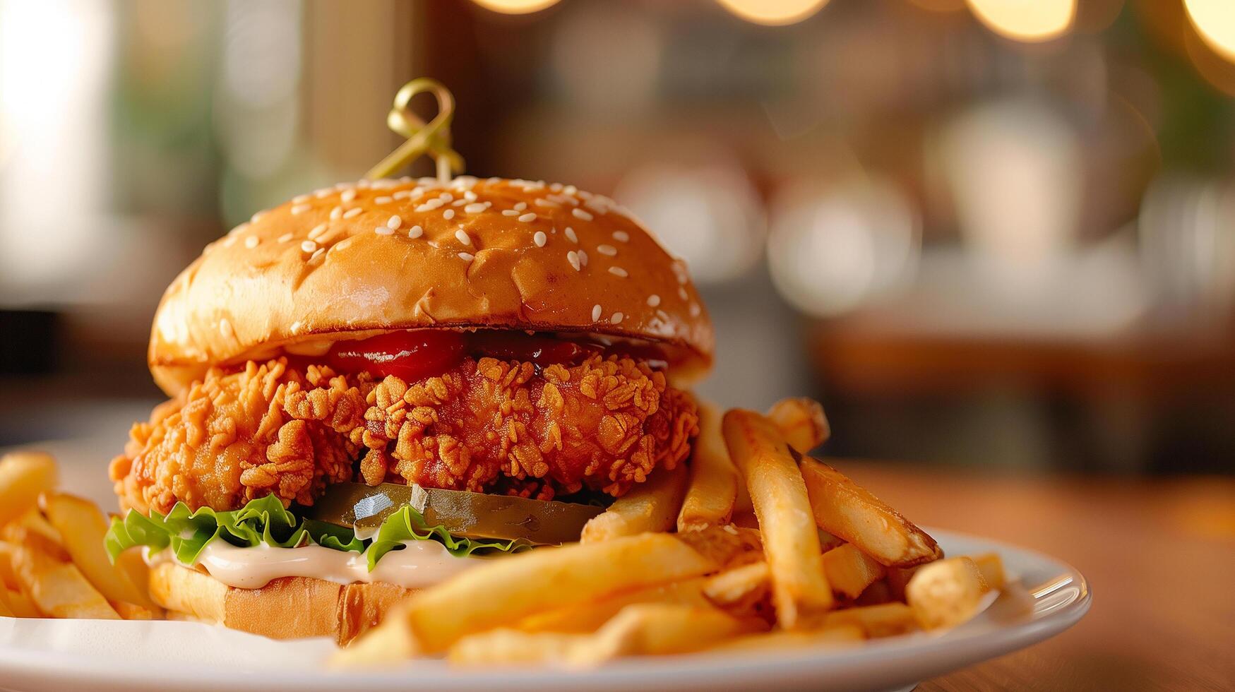 Crispy and Delicious Burger with Fries and Ketchup Served on a Restaurant Table photo