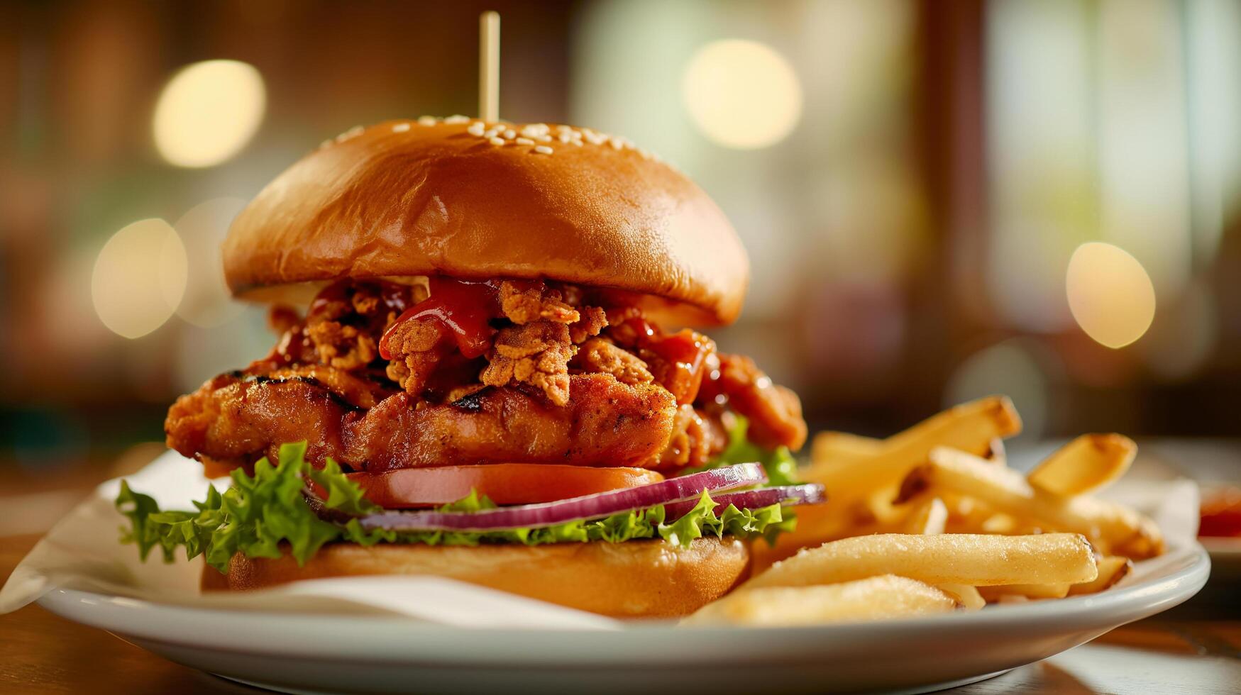 Crispy and Delicious Burger with Fries and Ketchup Served on a Restaurant Table photo