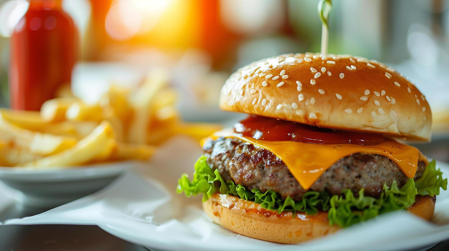 Crispy and Delicious Burger with Fries and Ketchup Served on a Restaurant Table photo