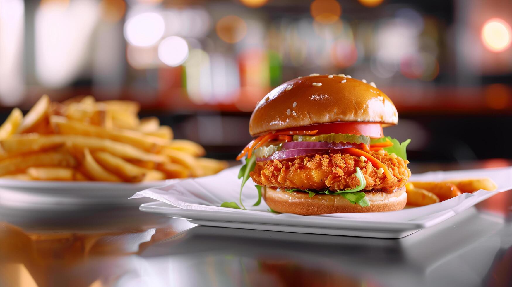 Crispy and Delicious Burger with Fries and Ketchup Served on a Restaurant Table photo