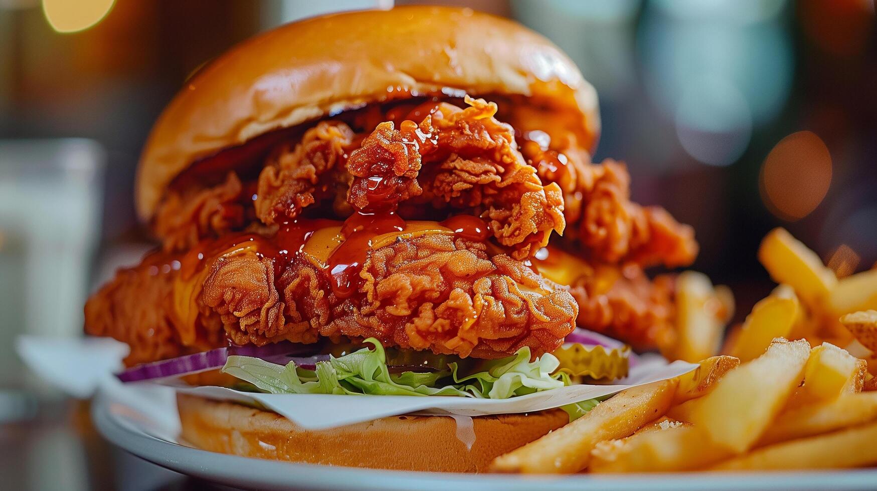 Crispy and Delicious Burger with Fries and Ketchup Served on a Restaurant Table photo