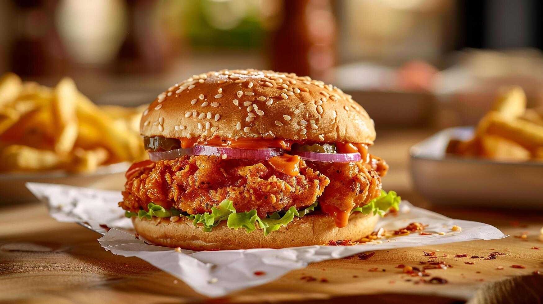 Crispy and Delicious Burger with Fries and Ketchup Served on a Restaurant Table photo