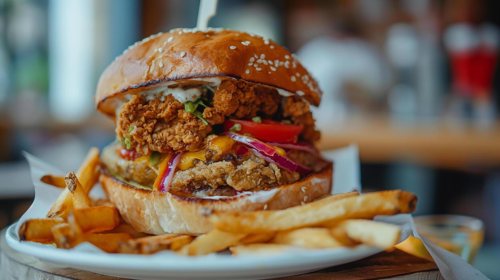 Crispy and Delicious Burger with Fries and Ketchup Served on a Restaurant Table photo