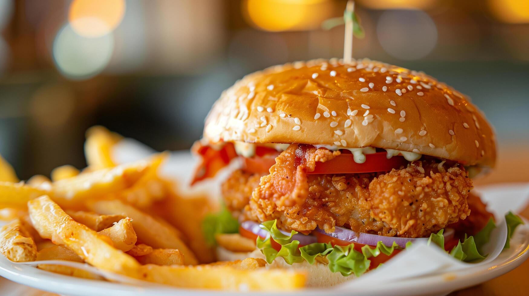 Crispy and Delicious Burger with Fries and Ketchup Served on a Restaurant Table photo