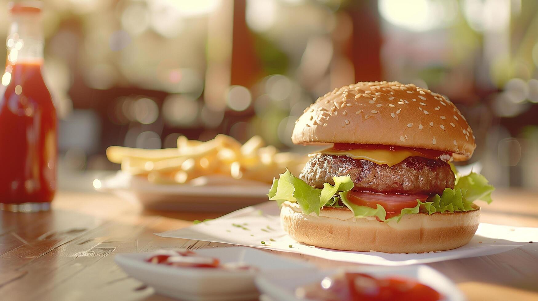 Crispy and Delicious Burger with Fries and Ketchup Served on a Restaurant Table photo