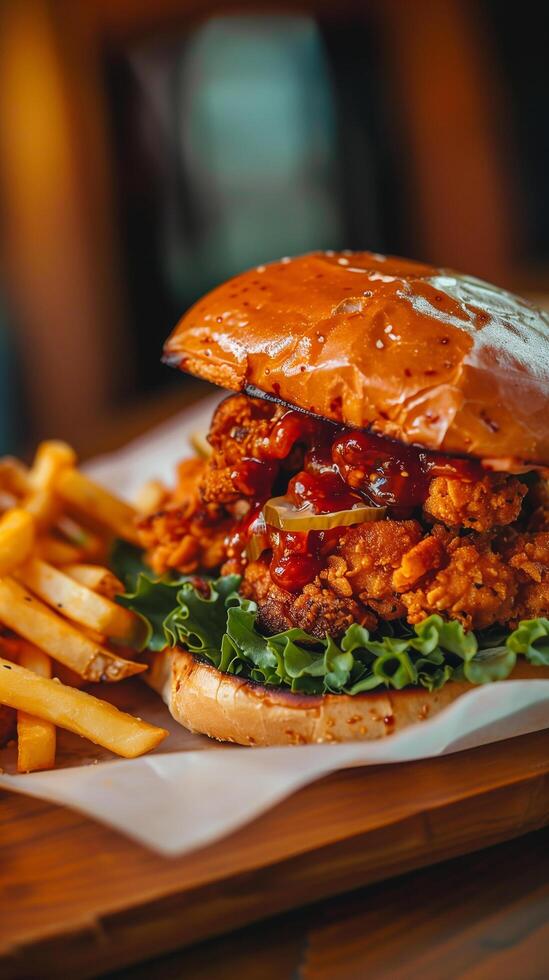 Crispy and Delicious Burger with Fries and Ketchup Served on a Restaurant Table photo