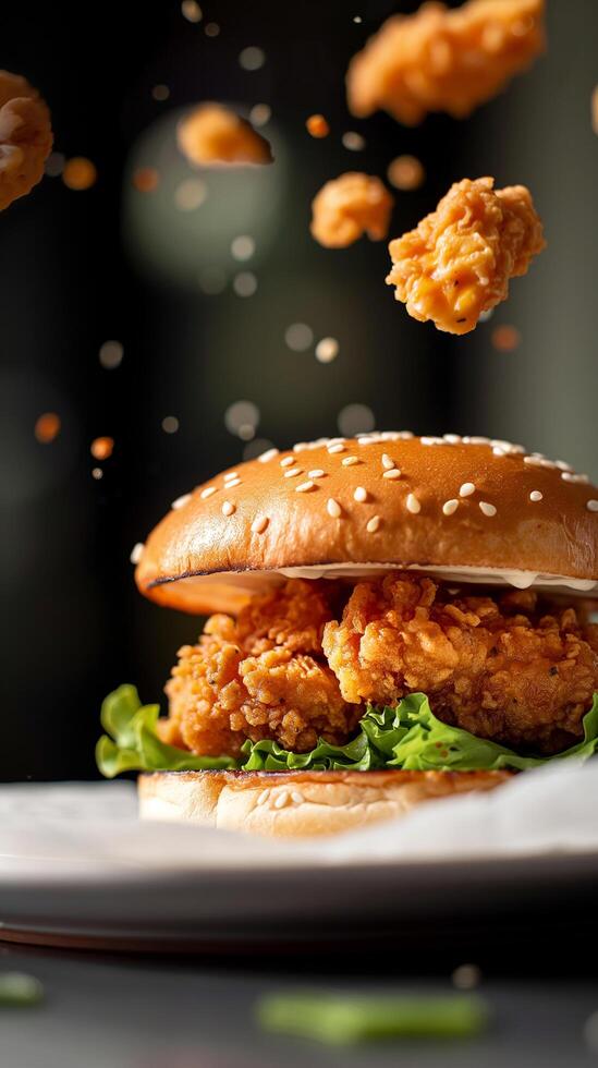 Crispy and Delicious Burger with Fries and Ketchup Served on a Restaurant Table photo