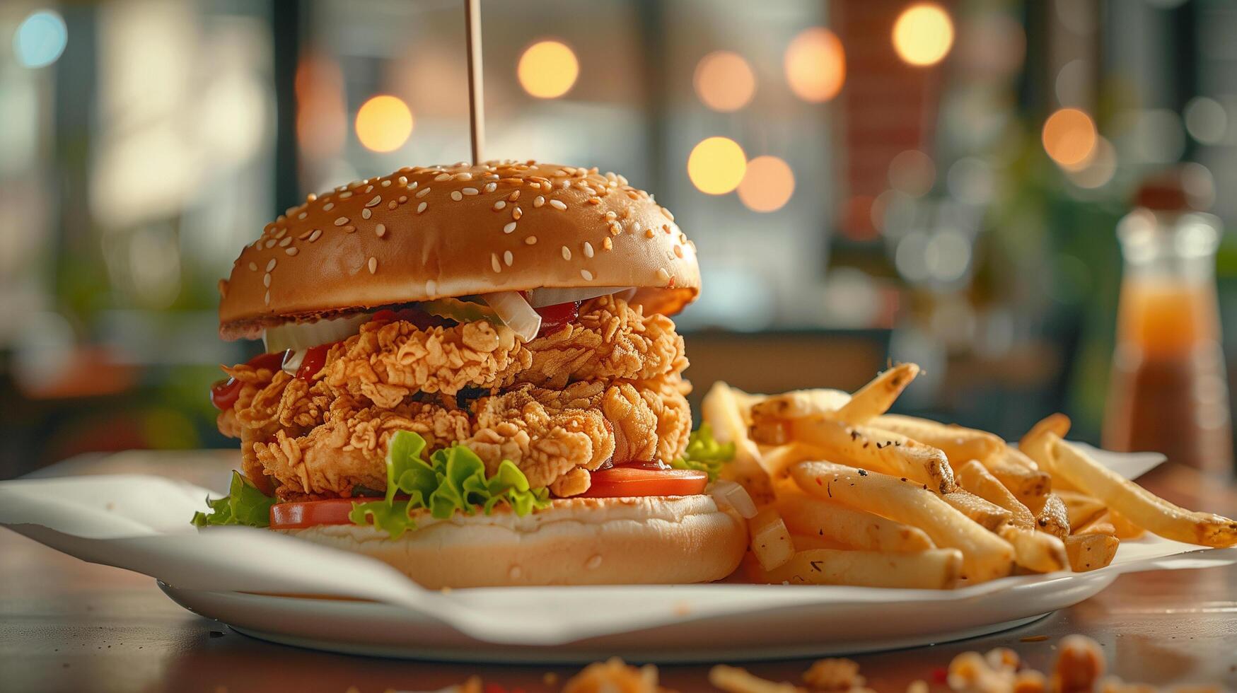 Crispy and Delicious Burger with Fries and Ketchup Served on a Restaurant Table photo