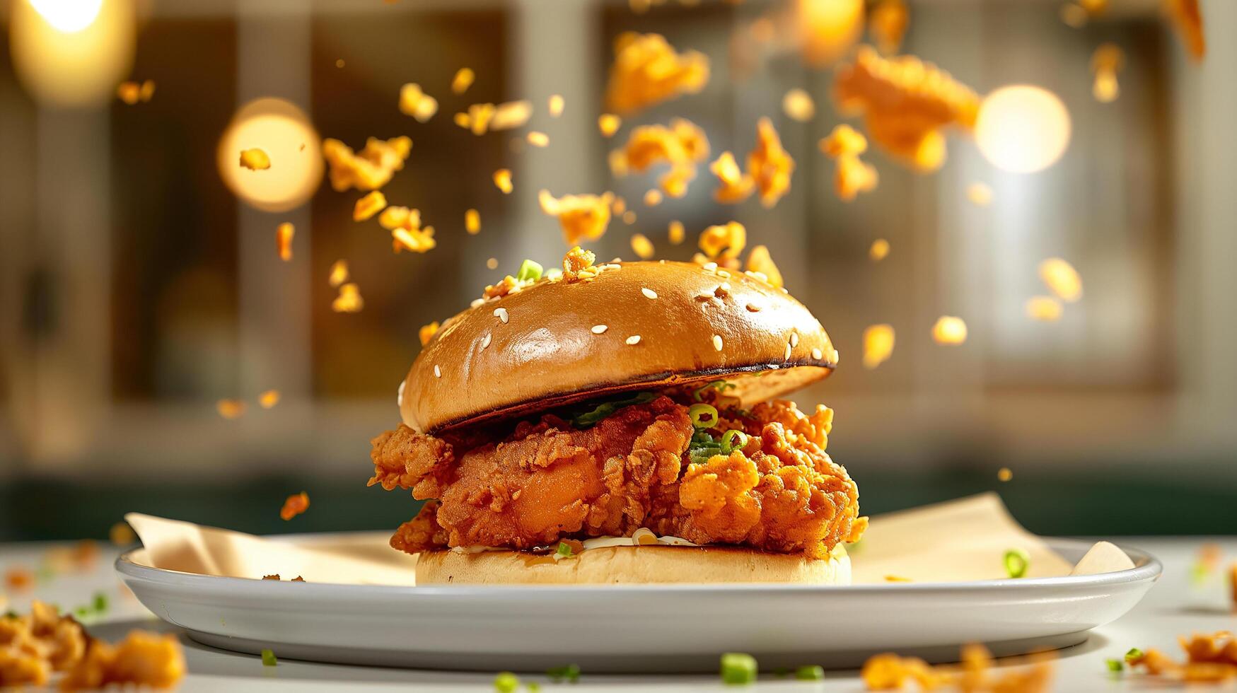 Crispy and Delicious Burger with Fries and Ketchup Served on a Restaurant Table photo