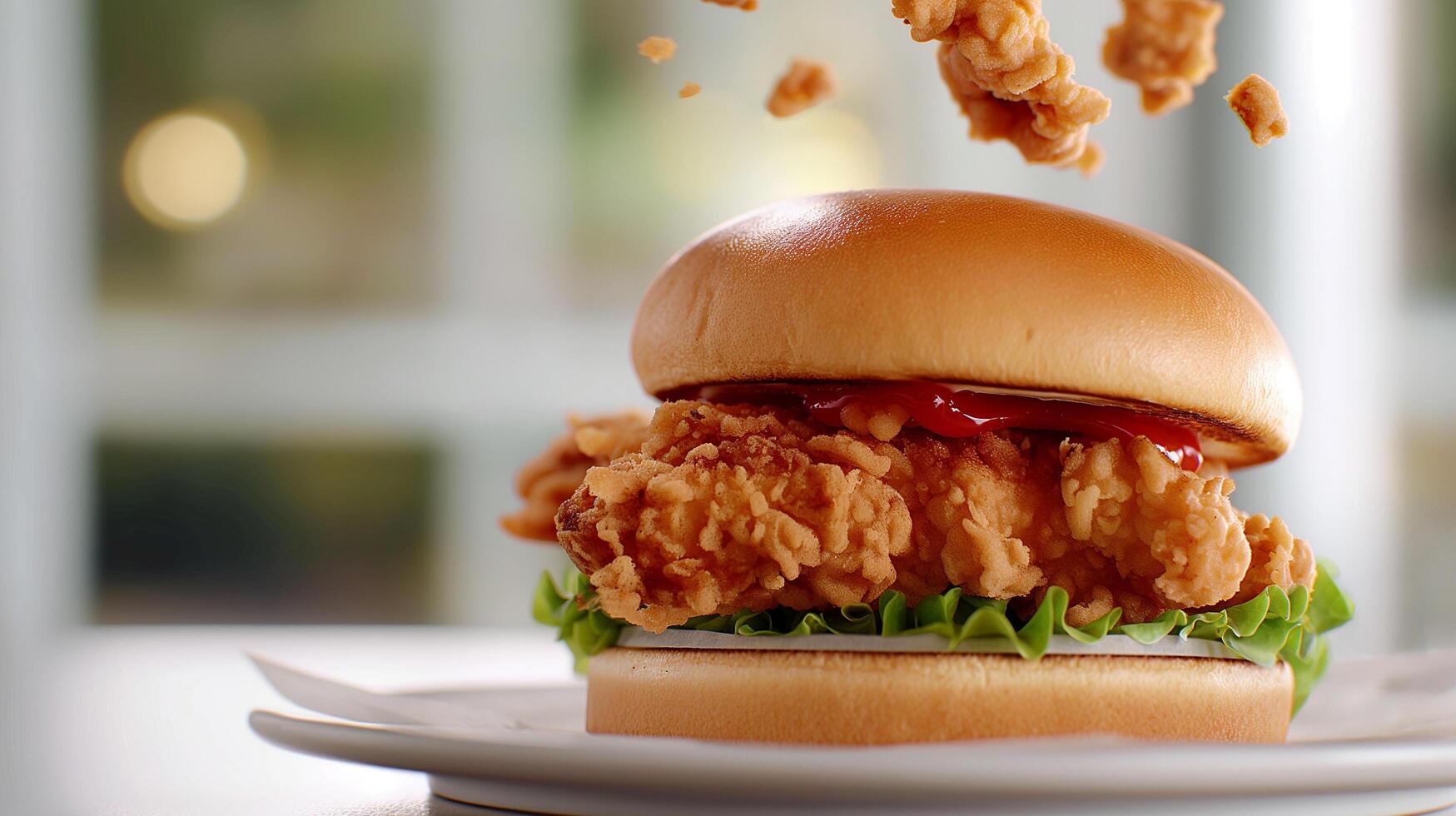 Crispy and Delicious Burger with Fries and Ketchup Served on a Restaurant Table photo