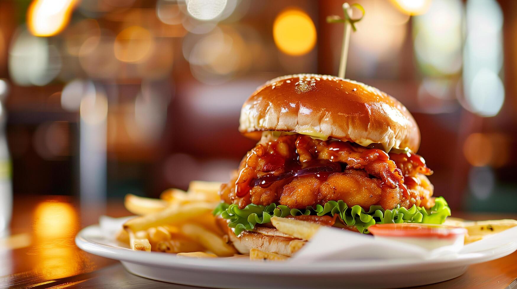 Crispy and Delicious Burger with Fries and Ketchup Served on a Restaurant Table photo