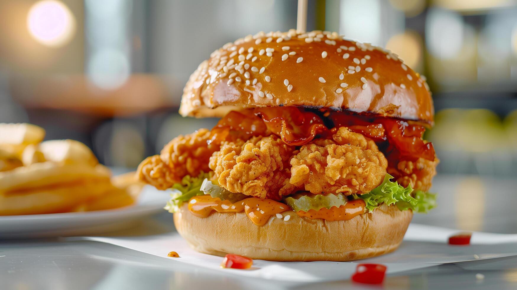Crispy and Delicious Burger with Fries and Ketchup Served on a Restaurant Table photo