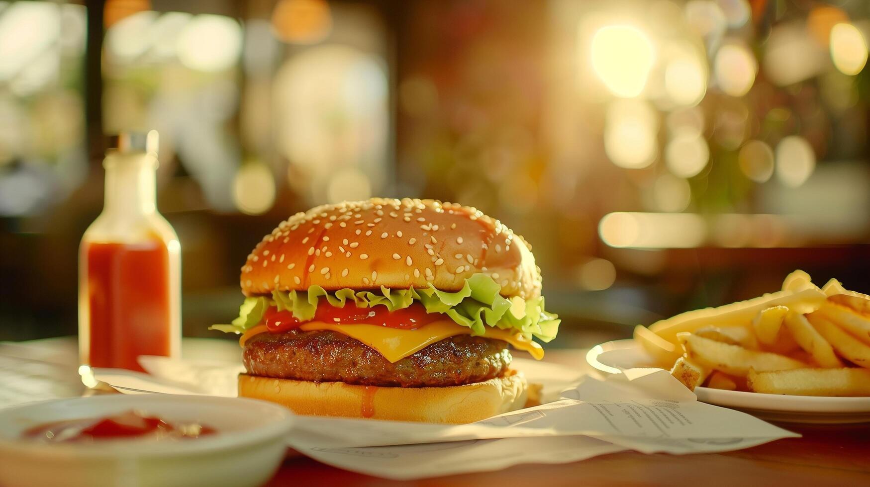 Crispy and Delicious Burger with Fries and Ketchup Served on a Restaurant Table photo