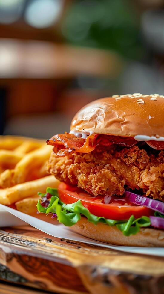 Crispy and Delicious Burger with Fries and Ketchup Served on a Restaurant Table photo