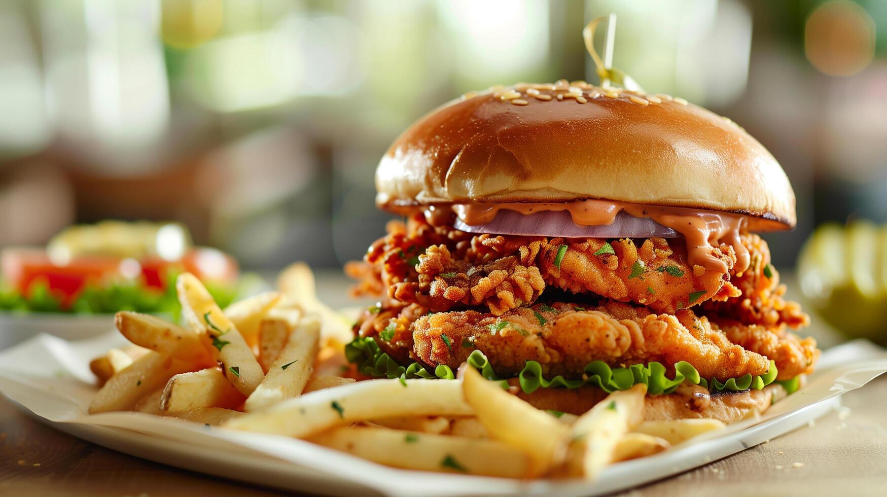 Crispy and Delicious Burger with Fries and Ketchup Served on a Restaurant Table photo