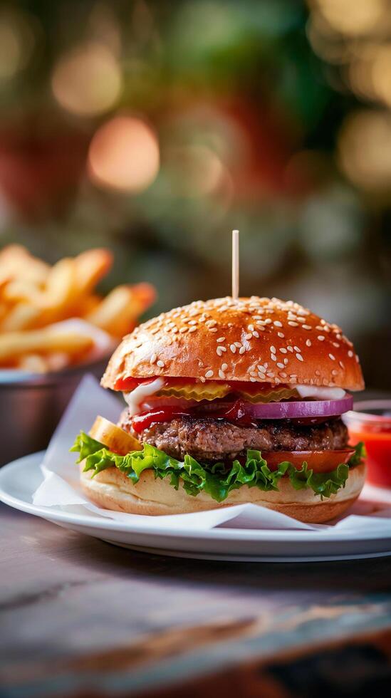 Crispy and Delicious Burger with Fries and Ketchup Served on a Restaurant Table photo