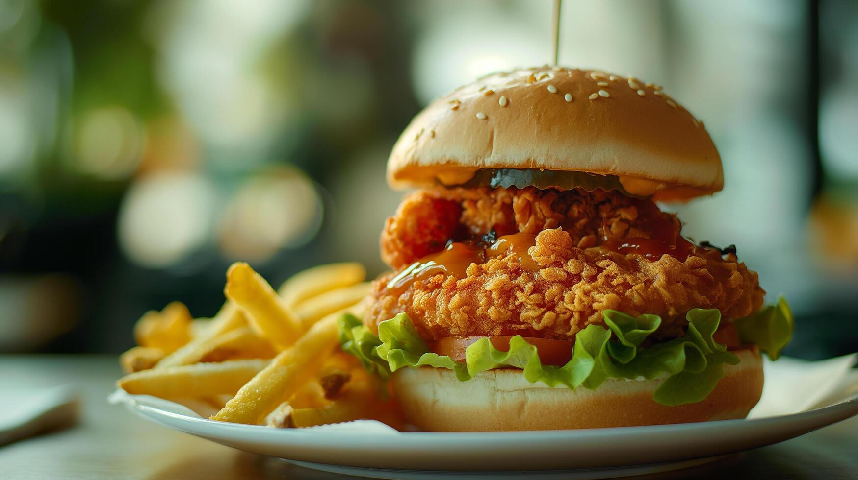 Crispy and Delicious Burger with Fries and Ketchup Served on a Restaurant Table photo
