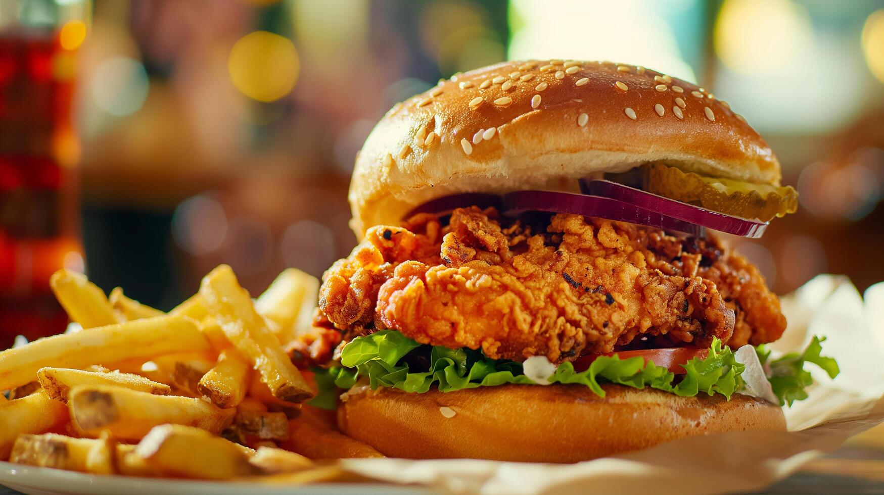 Crispy and Delicious Burger with Fries and Ketchup Served on a Restaurant Table photo
