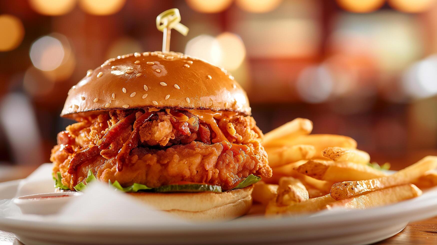 Crispy and Delicious Burger with Fries and Ketchup Served on a Restaurant Table photo