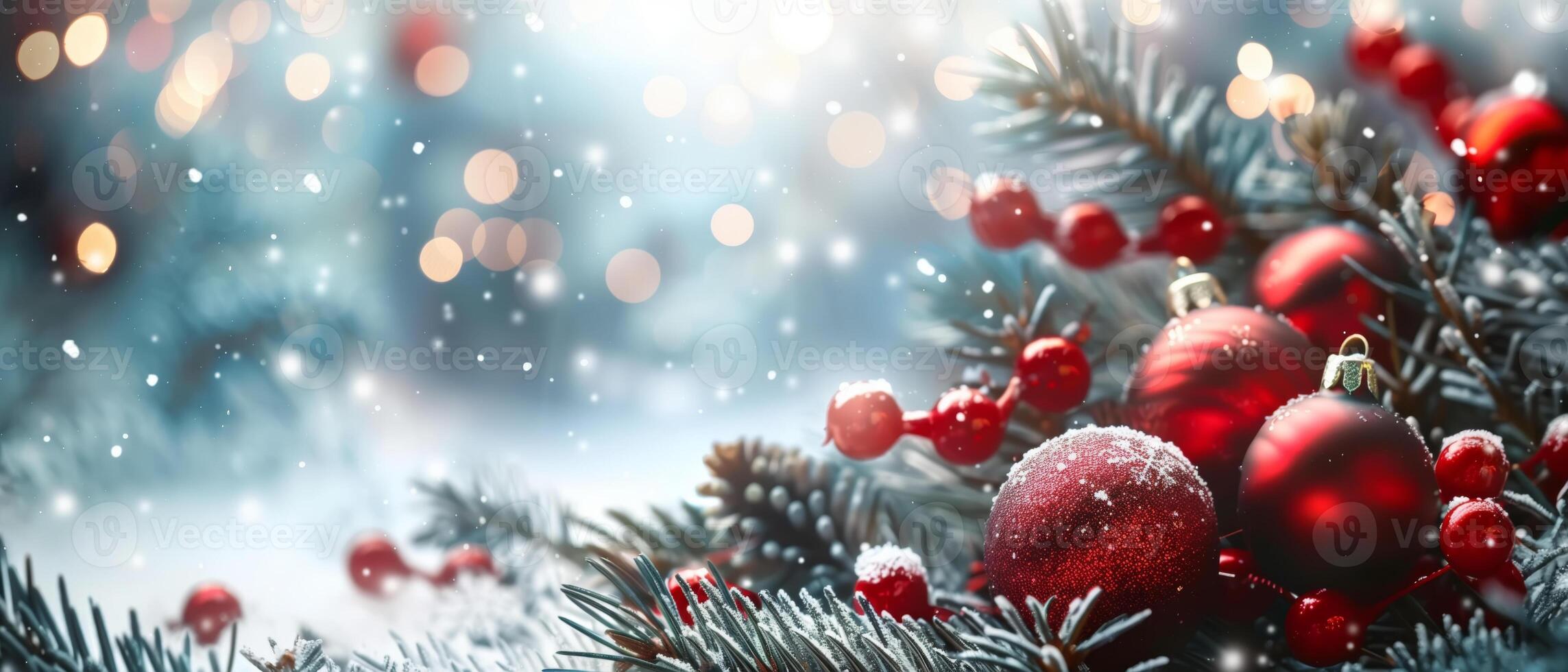 Close up of a Christmas tree with ornaments, Xmas banner bokeh with copy space photo