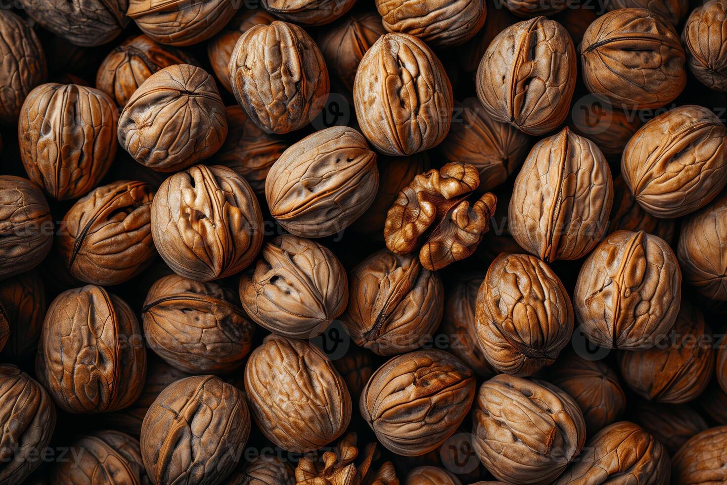 A pile of brown walnuts, nuts background top view photo