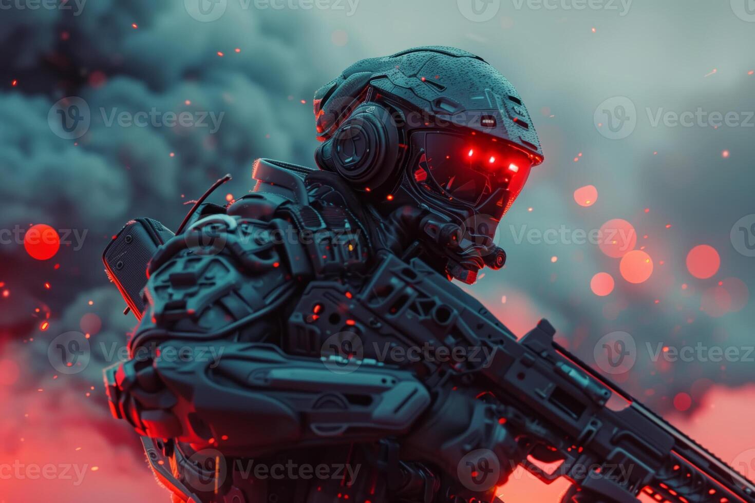 A man dressed in a high-tech futuristic suit is holding a rifle in a combat-ready stance, possibly preparing for futuristic warfare. The suit appears advanced and sleek photo