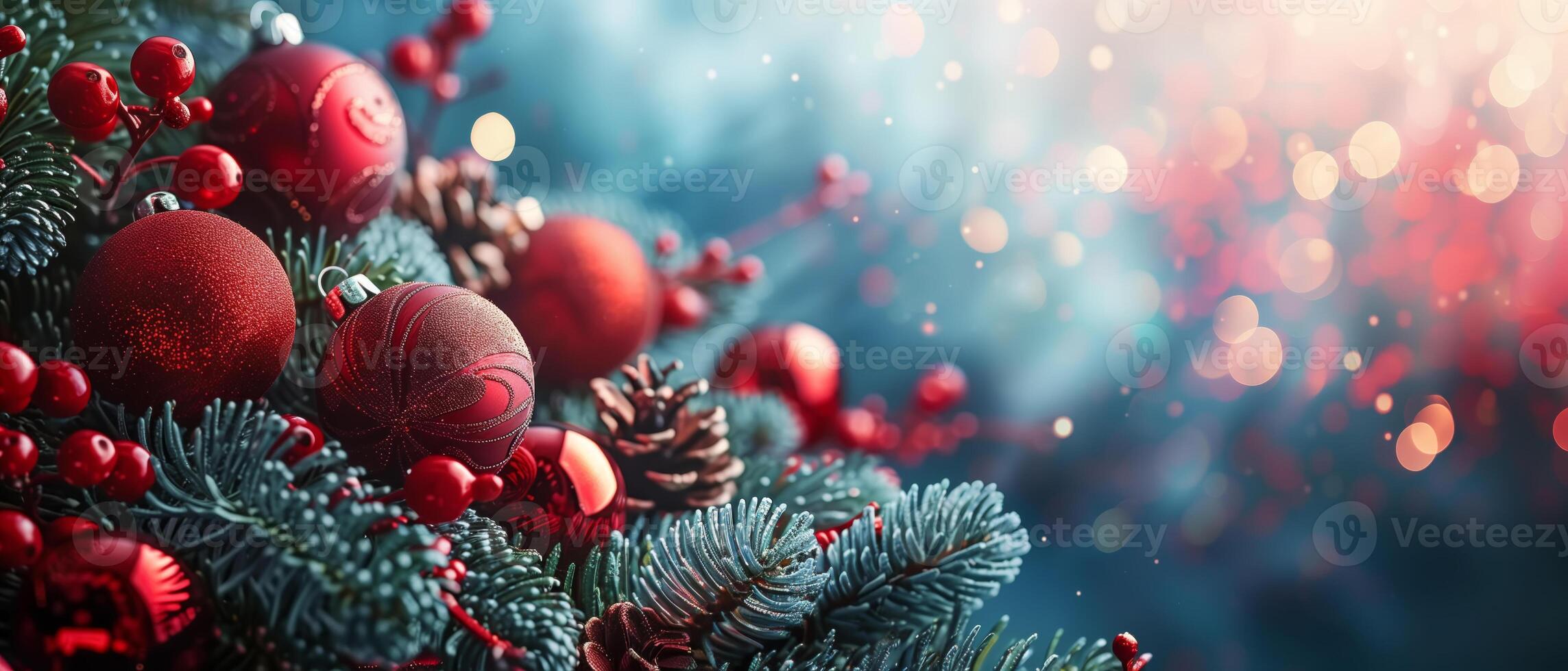 Close up of a christmas tree with red ornaments, xmas banner with copy space and bokeh photo