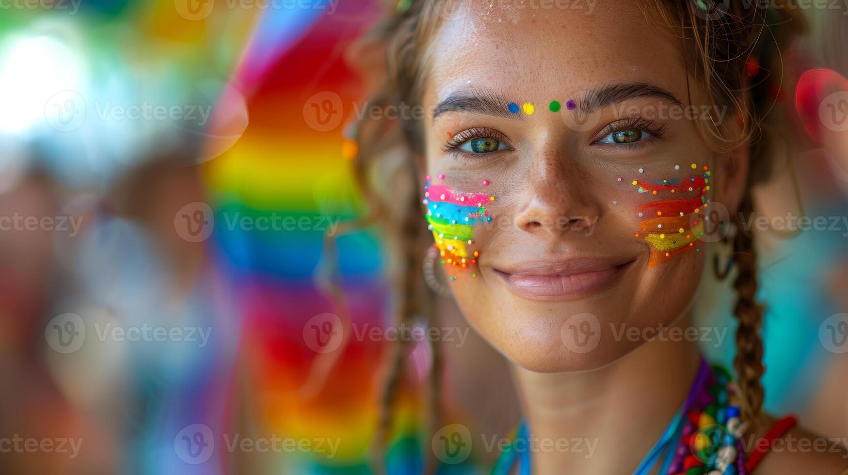 Embracing Non-Binary Identity at Pride Event - Confident Person with Flag Painted on Cheek photo