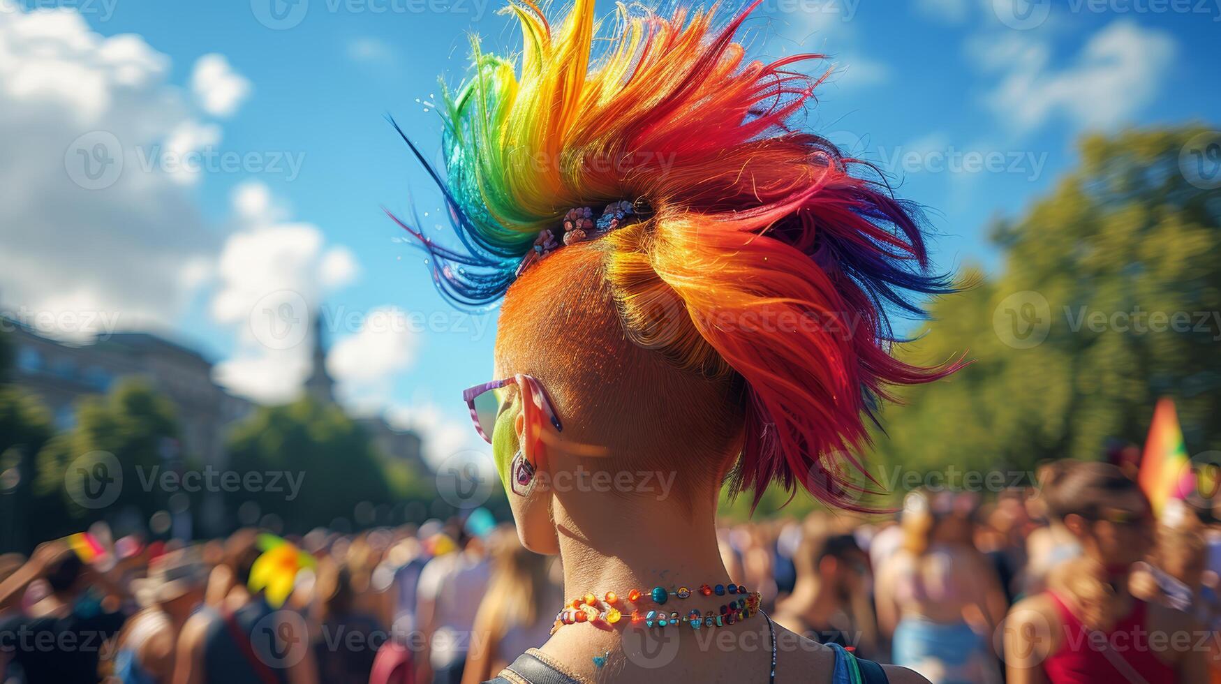 Expressive Individual with Vibrant Mohawk Hairstyle Celebrating at Pride Event photo