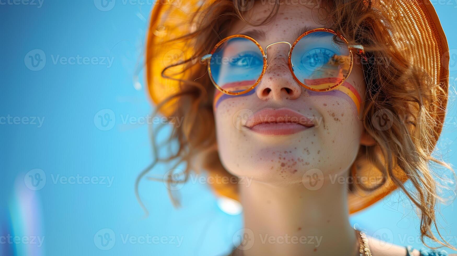 Empowered Non-Binary Individual at Pride Event with Flag Face Paint Showing Confidence photo